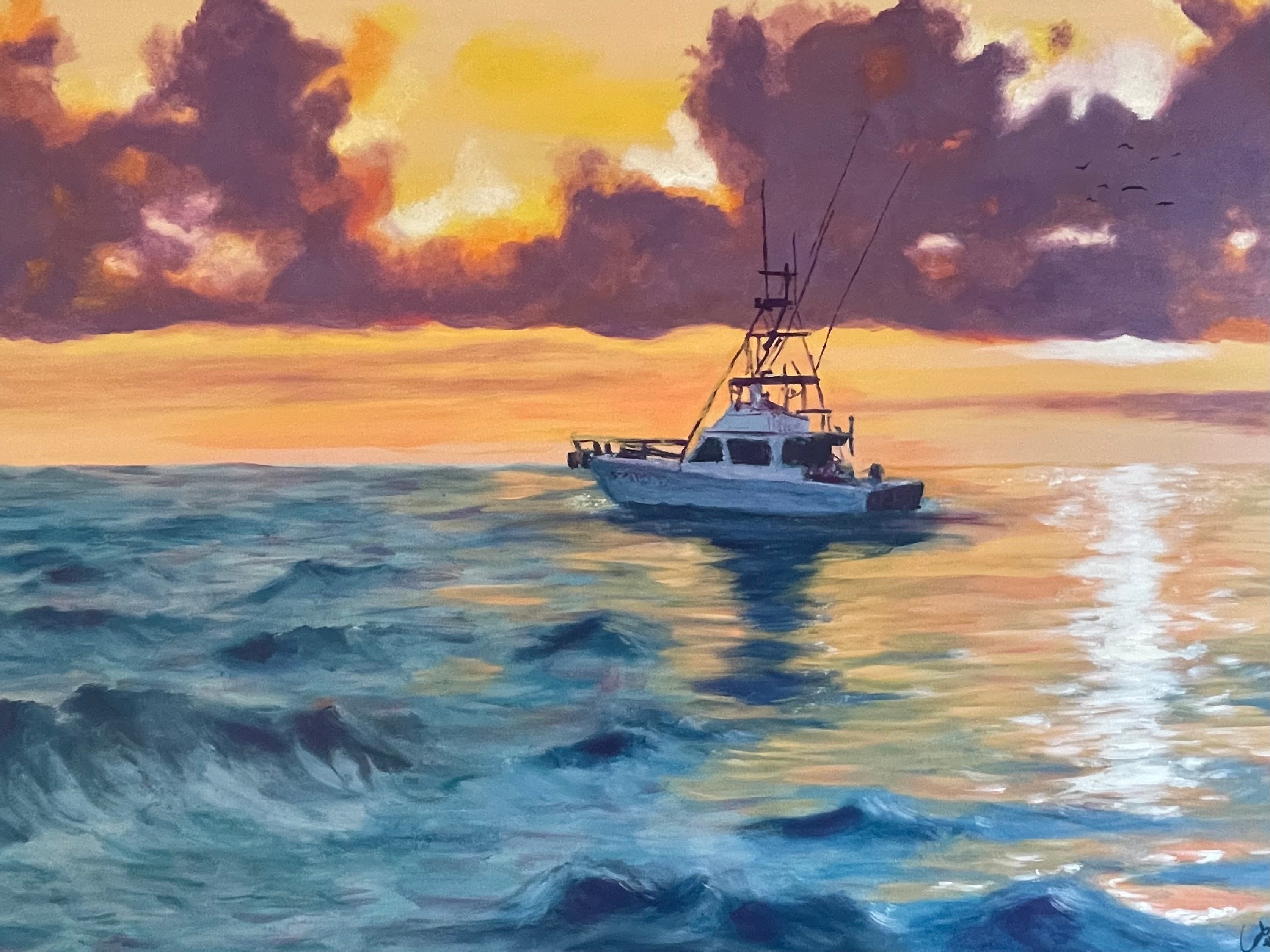 Painting of a boat at sea by Jennifer Bronson